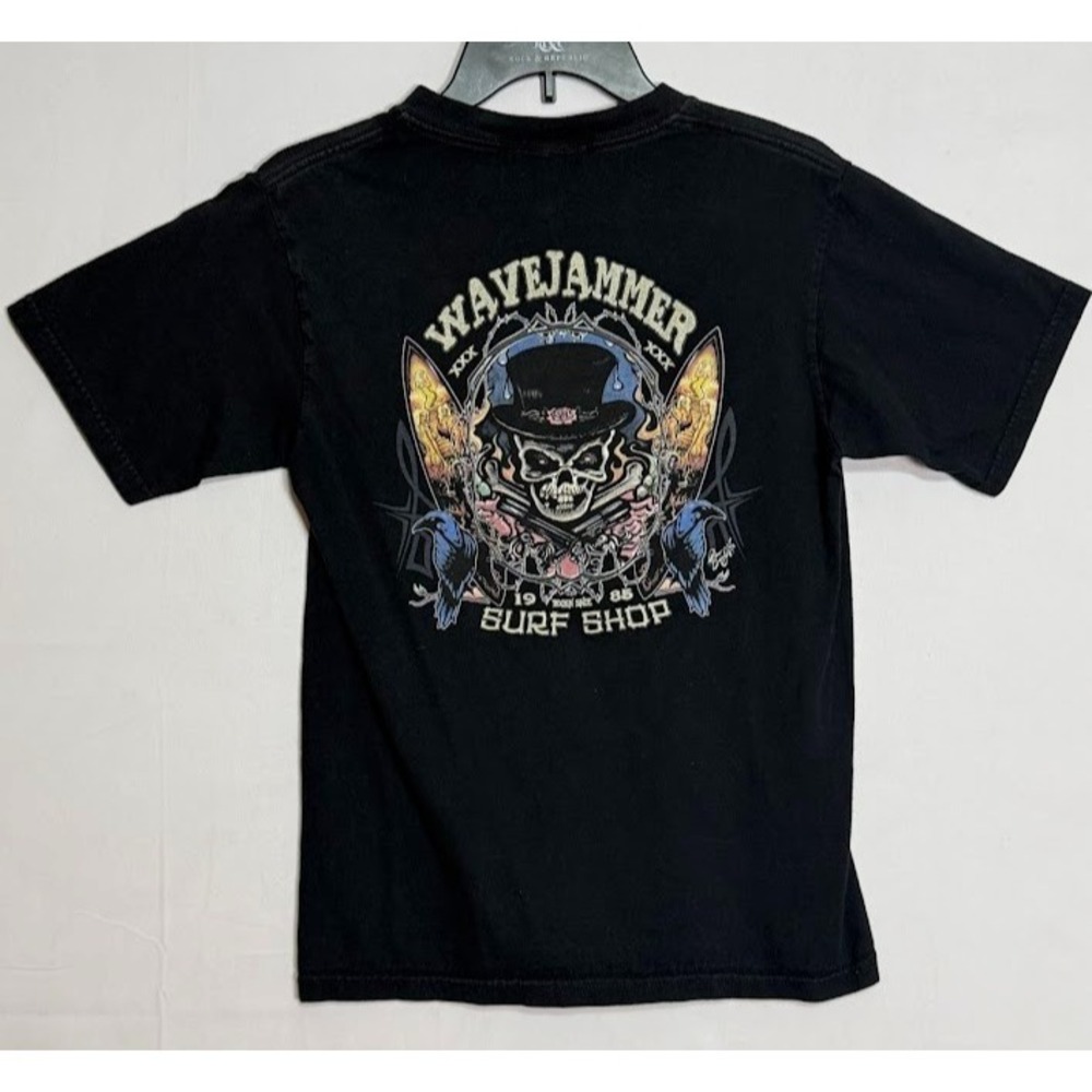 Wavejammer Surf Shop Graphic T Shirt Mens S Black Skull Back Print Santa Barbara